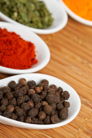 Assortment of spices in the spoons for prepare tasty food with soft shadow in the wooden background....
