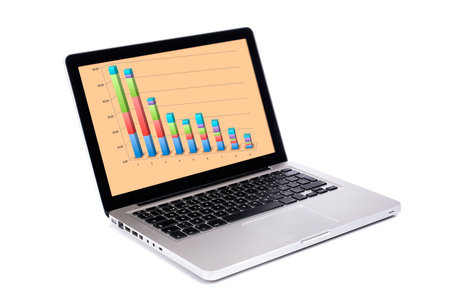 Modern and stylish laptop computer with business report, isolated on a white background