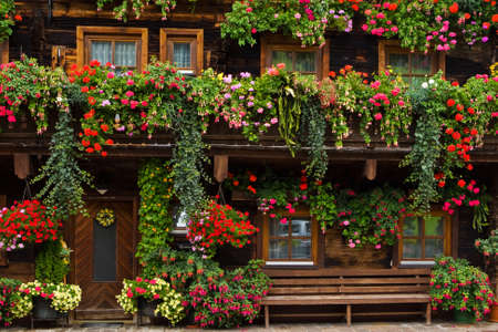 Typical beautiful floral adornments in Dienten, Salzkammergut region, Austriaの写真素材