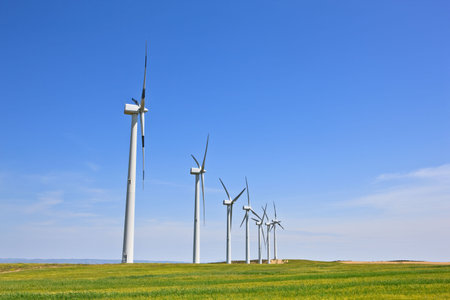 Wind turbines farm in green field over cloudy sky