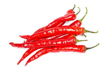 Red hot chili peppers with soft shadow on white background