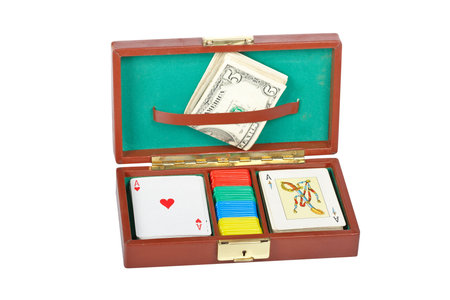 Old box with a poker deck and chips, isolated on white background. includedのeditorial素材