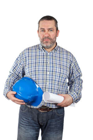 Construction worker holding blueprints, isolated on a white backgroundの写真素材
