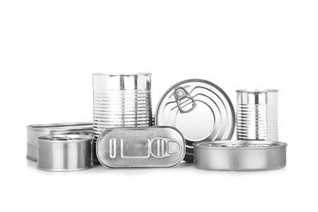 Assortment of food tin can reflected on white backgroundの写真素材