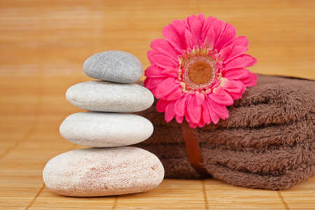 Stack of balanced stones and flower with shallow depth of fieldの写真素材