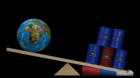 World globe and oil in barrels with a Russian flag on an imbalanced scale on a black backgroundの写真素材