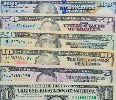 Background layout of modern USD banknotes 1, 5, 10, 20, 50, 100の写真素材