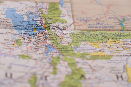Close up detail of colorful map focusing on Salt Lake City, Utah through selective focus, background blurの写真素材