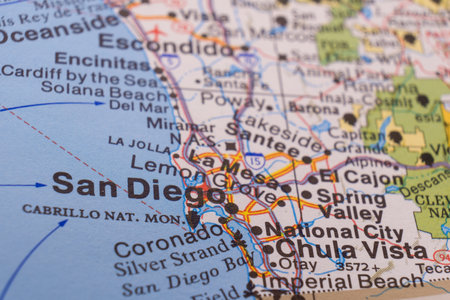 Close up of a colorful map focusing on San Diego, California through selective focus, background blurの写真素材