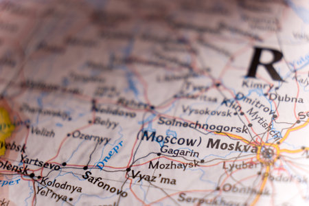 Focus on foreground of road map showing Moscow, Russiaの写真素材