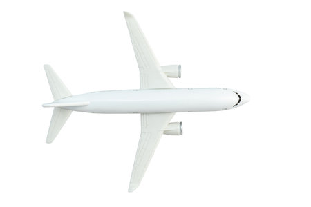 Top view of white passenger airplane isolated on white with clipping pathの写真素材