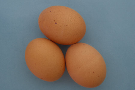 Top down view of three brown speckled chicken eggs on a blue background concept organic, free rangeの写真素材