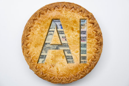 Flat lay photo of a pie made of money isolated on white background. The crust is cut out in the shape of the letters AI, showing the bills inside. Concept artificial intelligenceの写真素材
