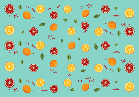 Fruit lemon and peach the composition of oranges, lemons and pomegranates is cut with the details of...