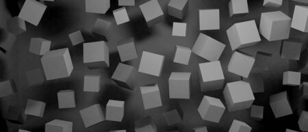 3d render realistic flaying random cube primitives composition. Flying shapes in motion isolated on white background. Abstract theme for trendy designs.の写真素材