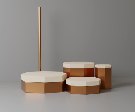 Mockup podium for product presentation, winner podium, pentagonal white and gold, blue background,...
