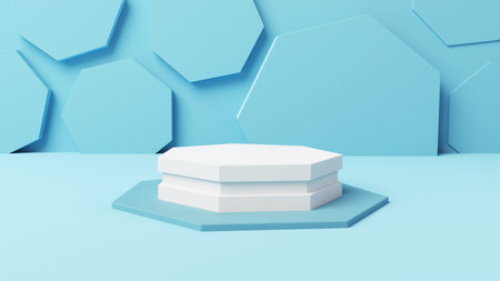 mockup white singgle pentagonal display with soft blue abstract background 3d illustration