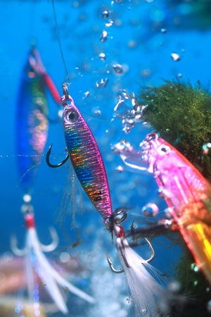 closeup fishing hook underwater