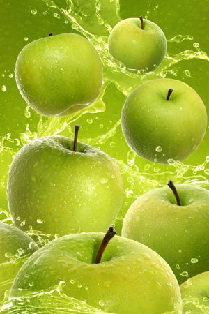 splash green apple fruitの写真素材
