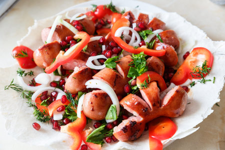Fried sausages with vegetables on a thin flat cake in a plate.