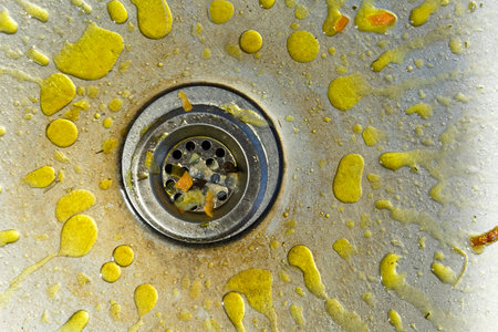 A dirty and littered sink with yellow grease stains around the drain .