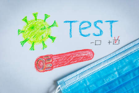 Drawing of a test tube with blood and a positive test for coronavirus and medical face masks.の写真素材