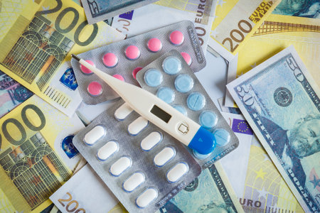 Banknotes of American and European currency among medical products and items.