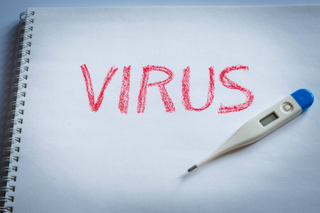 The inscription virus in red letters. The concept of viral diseases and prevention.