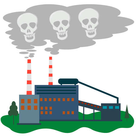 The plant pollutes the air with its smoke. Skulls in the smoke from the factory. Concept of environmental pollution by heavy industries. Vector flat illustration.のイラスト素材