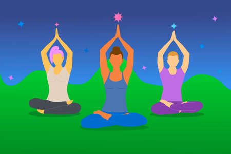 Meditation and yoga for three people of different genders and skin colors. A dark-skinned girl is meditating with her friends. Vector illustrationのイラスト素材