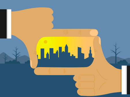 The architect s hands show a new city in the future on a deserted, deserted place. The concept of...