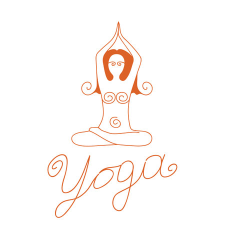 Black linear drawing of a female silhouette seated in a lotus position. Vector freehand drawing on a yoga theme. Vector linear illustration.のイラスト素材