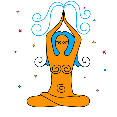 In the lotus position, a female figure with hands up. Abstract hairstyle and designations of female organs. Vector illustration.のイラスト素材