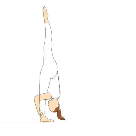 One continuous line drawing. Silhouette of a gymnastics athlete with painted skin stands on one leg....