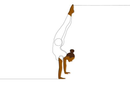Gymnast girl with African ethnicity standing silhouette on hands. Linear drawing of a gymnast....
