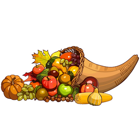 Cornucopia, wicker basket with autumn fruitsのイラスト素材