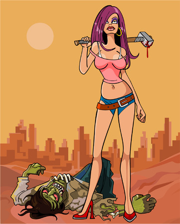 cartoon girl with a sledgehammer kill zombieのイラスト素材