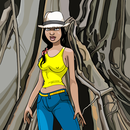 cartoon girl in a hat, T-shirt and jeans on a wood backgroundのイラスト素材