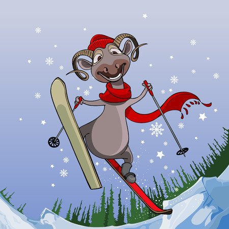 smiling sheep flies with snowy mountains on skisのイラスト素材
