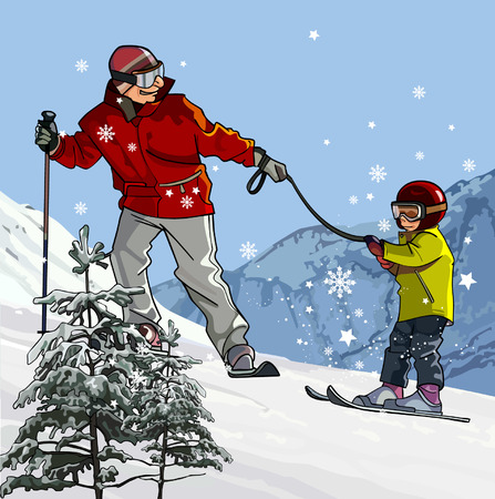 Father and son skiing in the mountainsのイラスト素材