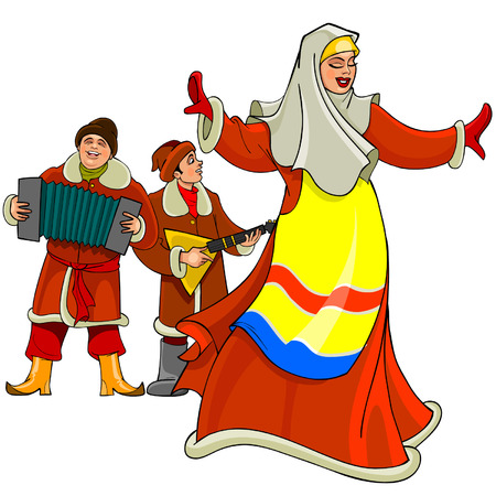 In the Russian national dress dancing woman, men play the accordion and balalaikaのイラスト素材