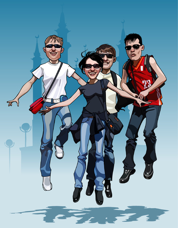 cartoon company teen friends joyfully jumpのイラスト素材