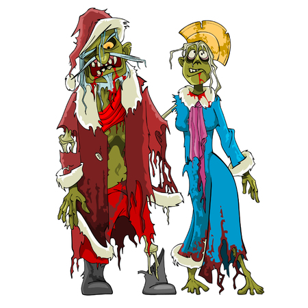 cartoon zombie Santa Claus and Snow Maiden zombies in tattered clothesのイラスト素材