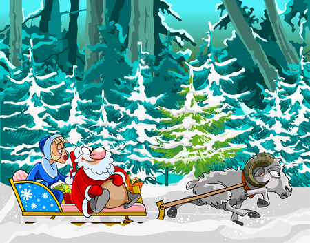 cartoon sheep driven in a sleigh of Santa Claus and Snow Maidenのイラスト素材