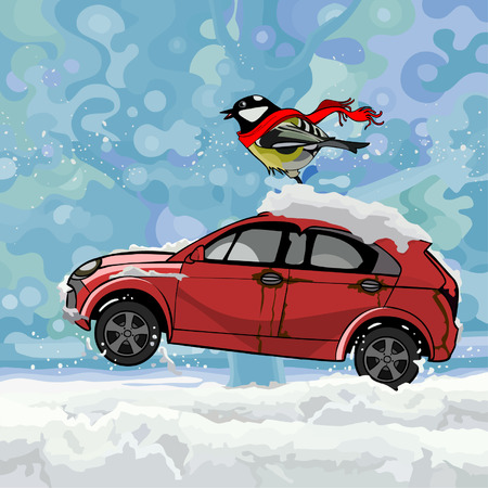 cartoon bird fluttering scarf, sitting on a car hurtling on snow in winterのイラスト素材