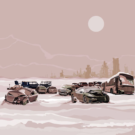 Dump wrecked cars nuclear winter postapokalipsisaのイラスト素材