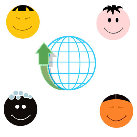 Globe with arrow up and four different national facesのイラスト素材