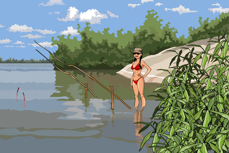 girl in a bathing suit is fishing on the riverのイラスト素材