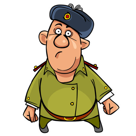 cartoon funny soldier in a fur hat worth surprisedのイラスト素材