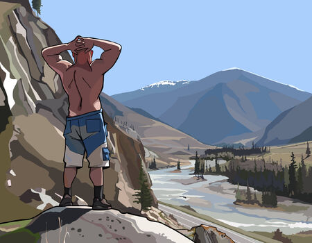 man standing on a cliff in the mountains and riverのイラスト素材